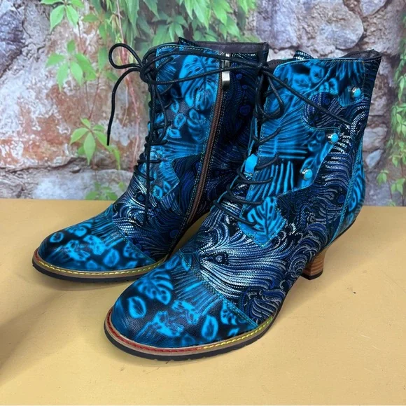 CY Blue Leather and TextilePeacock Feather Lace-Up Cuban Heel Boots, 41/10 - Picture 12 of 13